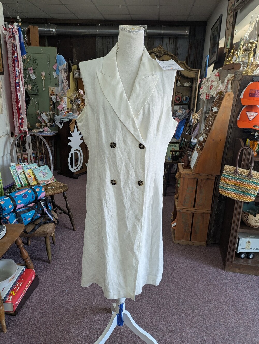 H&M LINEN BLEND Sleeveless Double-Breasted Cream Linen Dress